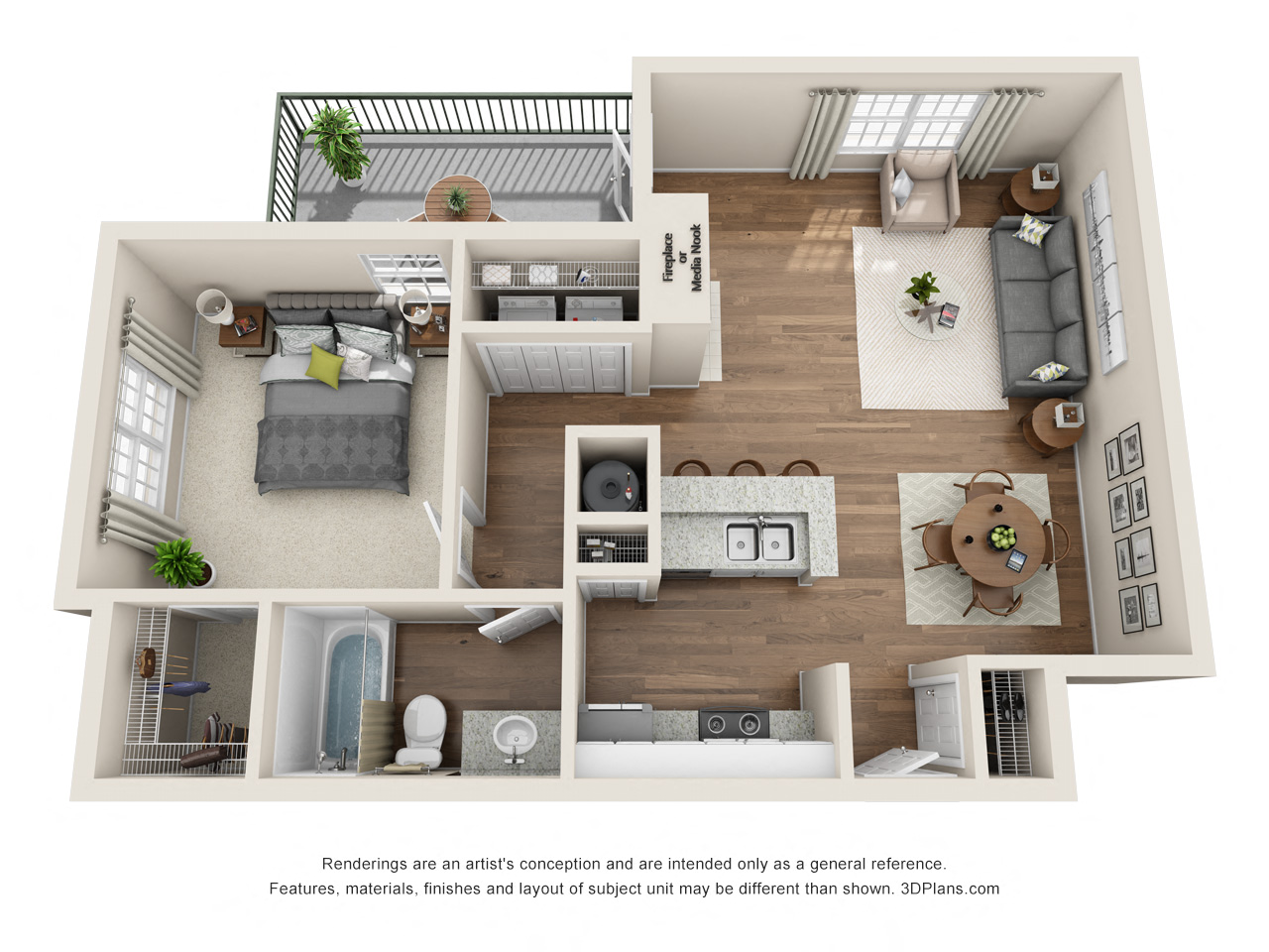 Floor plan for 1 bed, 1 bath, 719 sqft